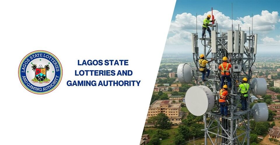 Lagos State Lotteries and Gaming Authority logo with text, next to a tall cell tower with technicians in safety vests working on antennas.