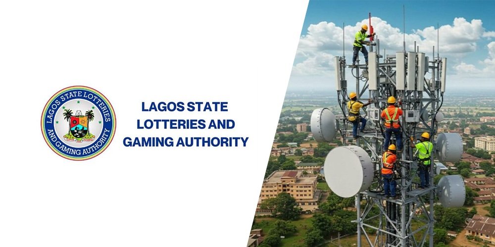 Lagos State Lotteries and Gaming Authority logo with text, next to a tall cell tower with technicians in safety vests working on antennas.