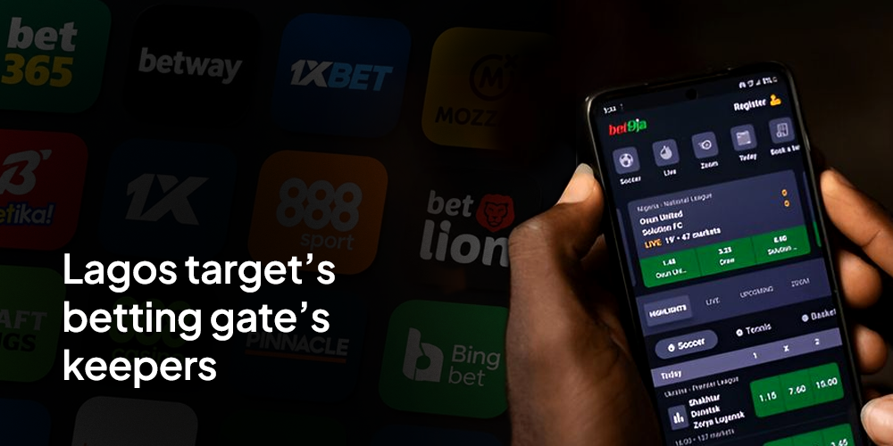 Close-up of a hand holding a smartphone displaying a sports betting app with odds, against a dark background of betting logos.