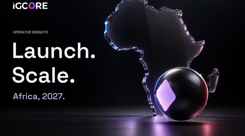IGCORE logo with an illuminated Africa outline and a glowing sphere; headline 'Launch. Scale. Africa, 2027.'