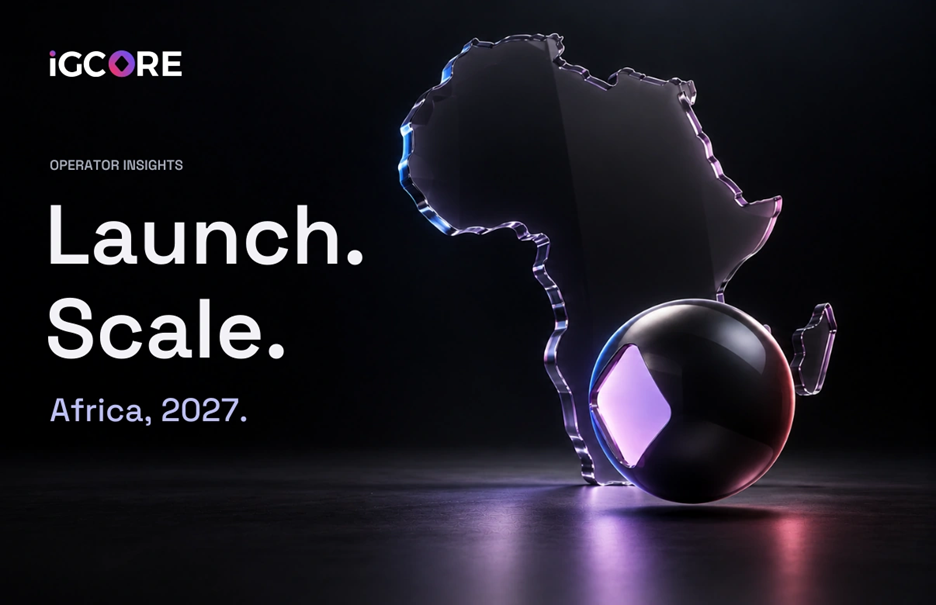 IGCORE logo with an illuminated Africa outline and a glowing sphere; headline 'Launch. Scale. Africa, 2027.'