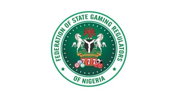 Logo of the Federation of State Gaming Regulators of Nigeria, a circular green emblem with horses, shield, and dice in the center.