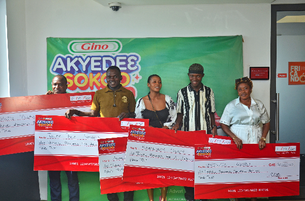 find more africa #findmoreafrica › Five people stand in a row holding oversized ceremonial checks at a prize event, with a green promotional banner in the background.