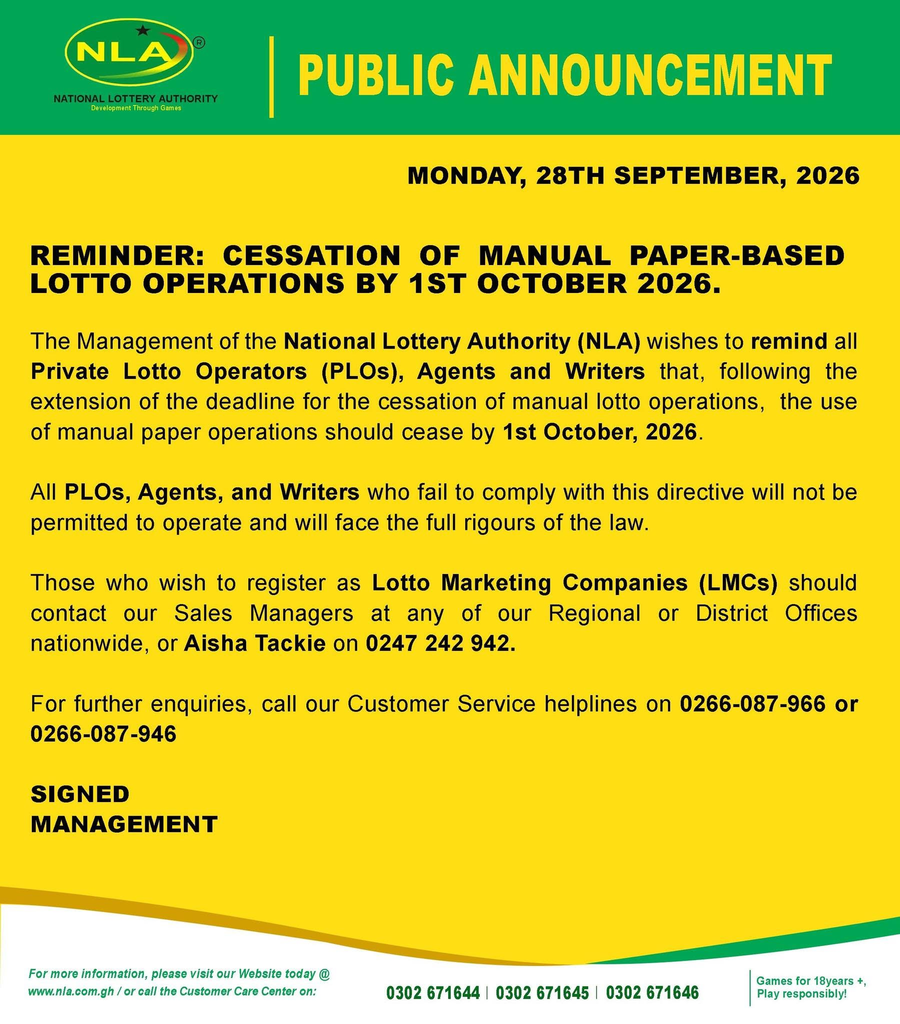 Public announcement poster from NLA about ending manual paper-based lotto operations by Oct 1, 2026; includes date and contact lines ( Ghana ).