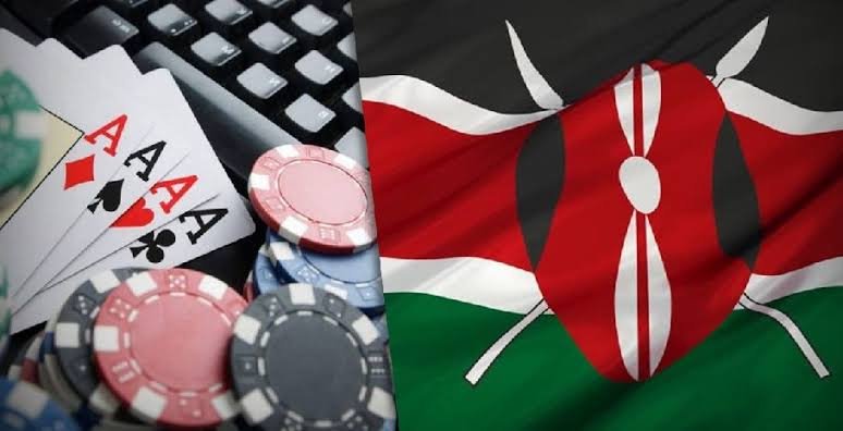 Collage of casino gambling elements (chips and playing cards) and the Kenyan flag placed side by side.