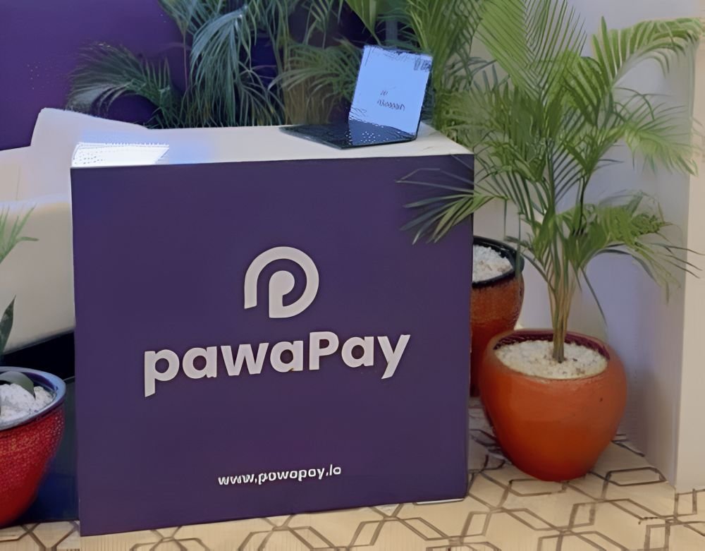 Purple reception desk with the Pawapay logo and website, surrounded by potted plants in a lobby.